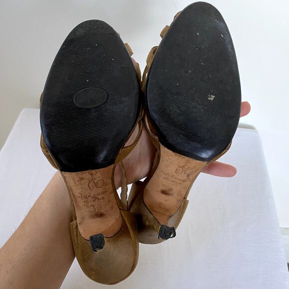 Oscar de la Renta Leather T-Strap Cut Out Braided Metallic Gold Pumps Size 37 - Picture 8 of 10